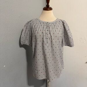 LOFT Women Embroidered Striped Clip Tie Neck Puff Sleeve 100% Cotton Blouse Sz L